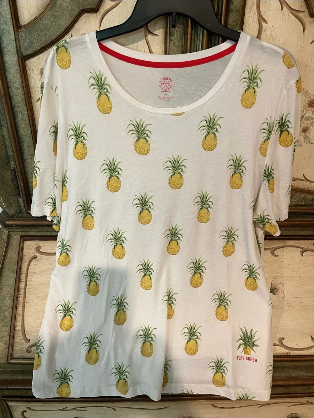 Tory Burch White Tee with Yellow Pineapple Print